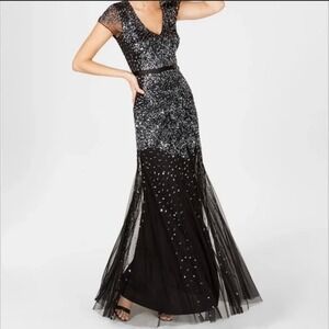 NWT Adrianna Papell Black Silver Beaded Sequin Gown V-Neck Formal Dress 20W
